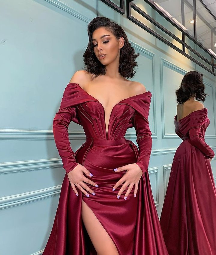 Burgundy Long Sleeve Mermaid Off-The-Shoulder Prom Dress with Slit