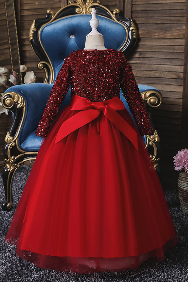 long sleeve sequin tulle dress Burgundy Long Sleeve Sequins Tulle Flower Girl Dresses