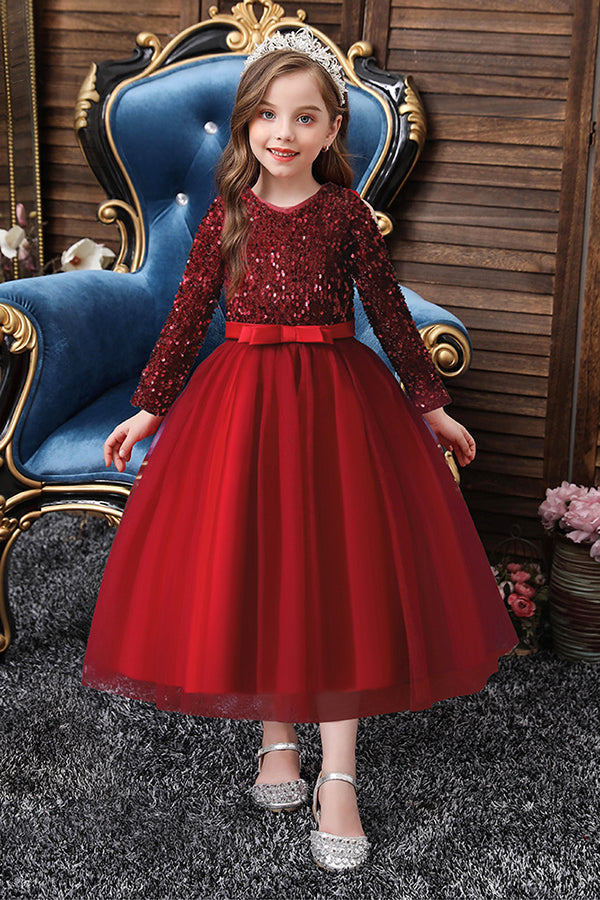 Burgundy Long Sleeve Sequins Tulle Flower Girl Dresses Burgundy Long Sleeve Sequins Tulle Flower Girl Dresses