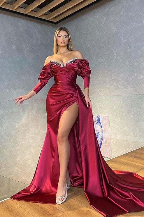 Burgundy Long Sleeves Mermaid Off The Shoulder Satin Prom Dress with Slit