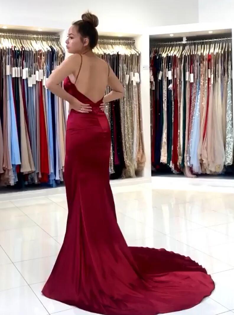Mermaid Backless Burgundy V Neck Halter Prom Dresses with Slit LBQ3637