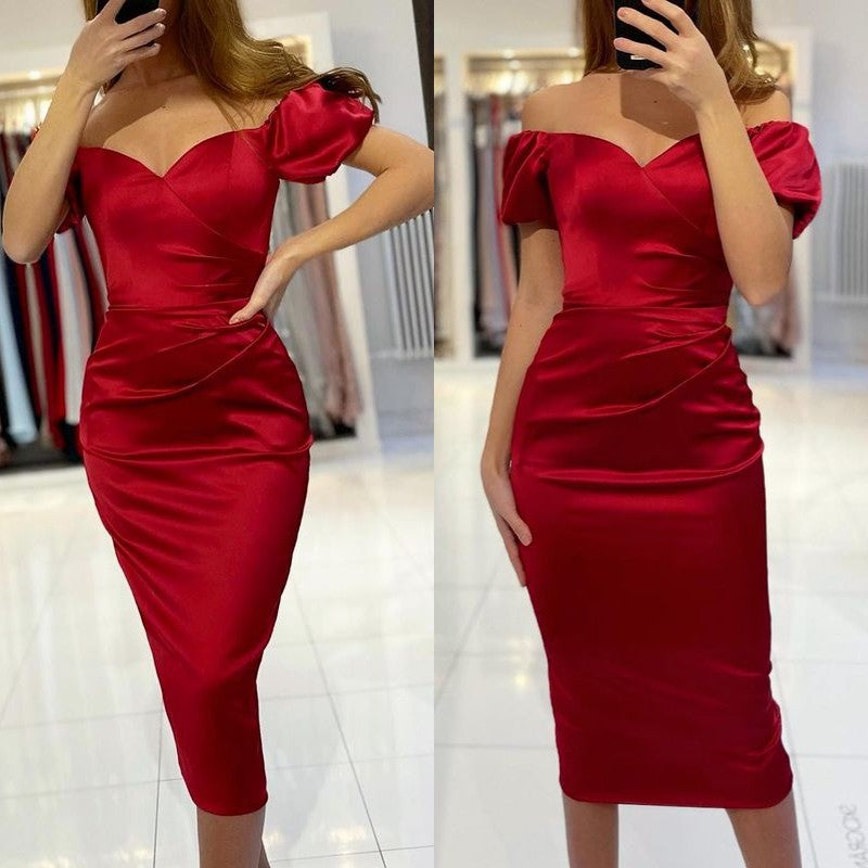 Burgundy Mermaid Off the Shoulder Short Satin Prom Dress – BIZTUNNEL
