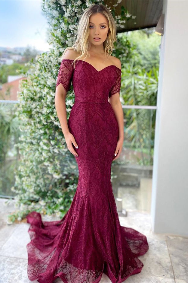 burgundy mermaid off the shoulder prom dress Burgundy Long Off the Shoulder Lace Mermaid Prom Dress with Sleeves