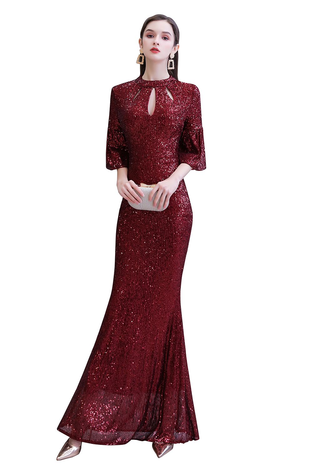 Burgundy Short Sleeve Sequins Long Prom Dress Burgundy Short Sleeve Sequins Long Prom Dress