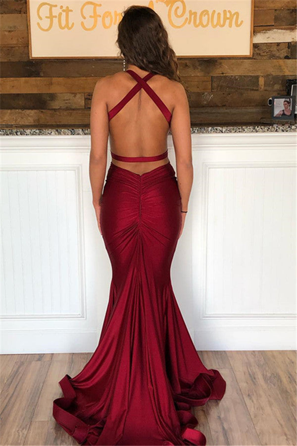 Burgundy Long V-Neck Satin Open Back Sleeveless Mermaid Prom Dress Burgundy Long V-Neck Satin Open Back Sleeveless Mermaid Prom Dress