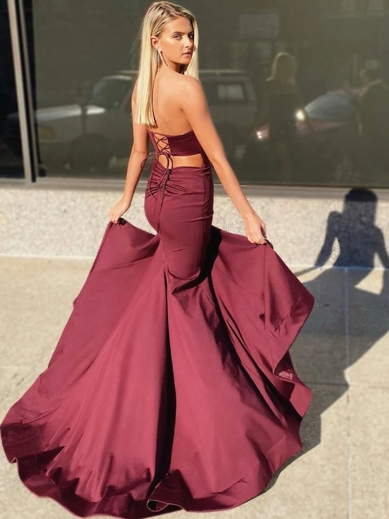 Long Burgundy Mermaid Lace Sweetheart Prom Dress With Sash