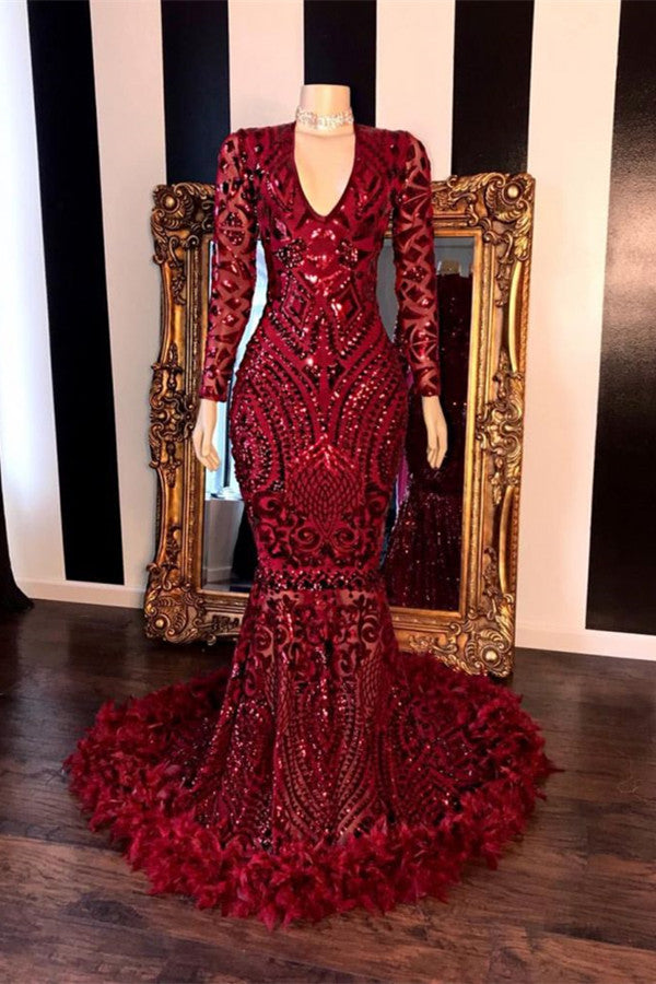 Burgundy V-Neck Long Sleeves Sequins Mermaid Prom Dress with Feather