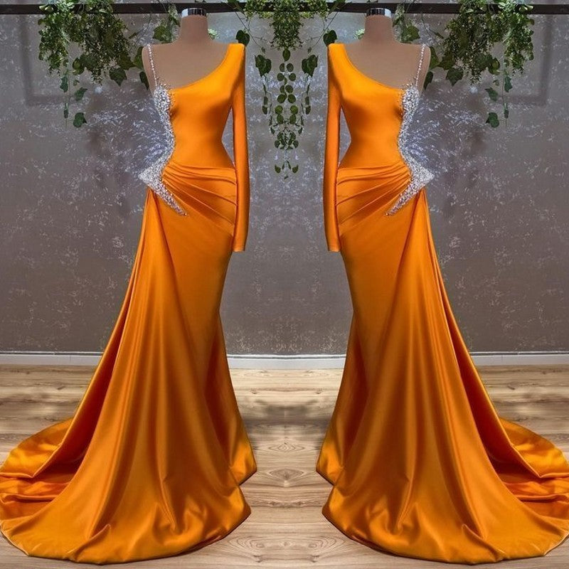 Burnt Orange Long Sleeves Mermaid Satin Prom Dress with Beads Burnt Orange Long Sleeves Mermaid Satin Prom Dress with Beads