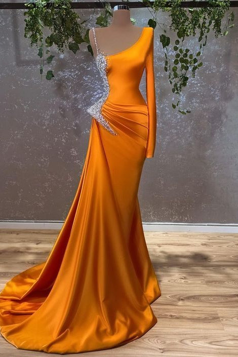Burnt Orange Long Sleeves Mermaid Satin Prom Dress with Beads Burnt Orange Long Sleeves Mermaid Satin Prom Dress with Beads
