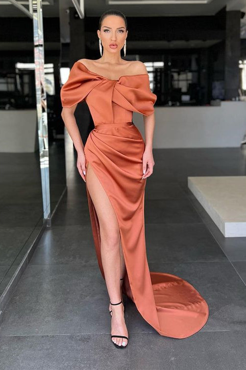 Burnt Orange Off-the-Shoulder Long Satin Mermaid Prom Dress with Split BIZTUNNEL Burnt Orange Off-the-Shoulder Long Satin Mermaid Prom Dress with Split BIZTUNNEL