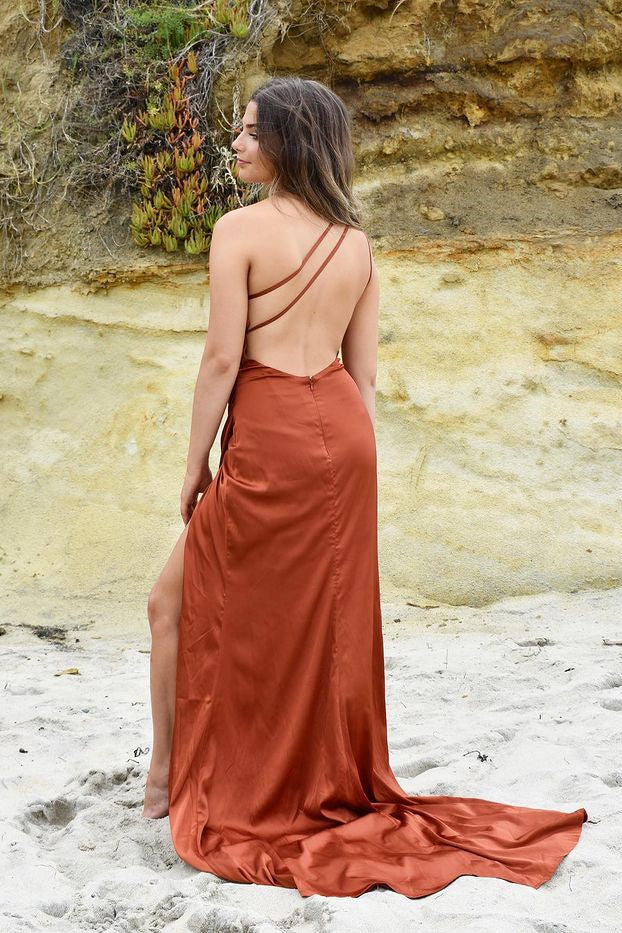 Burnt Orange Mermaid Satin High-Split Prom Dress with Back Straps | BIZTUNNEL Burnt Orange Mermaid Satin High-Split Prom Dress with Back Straps | BIZTUNNEL