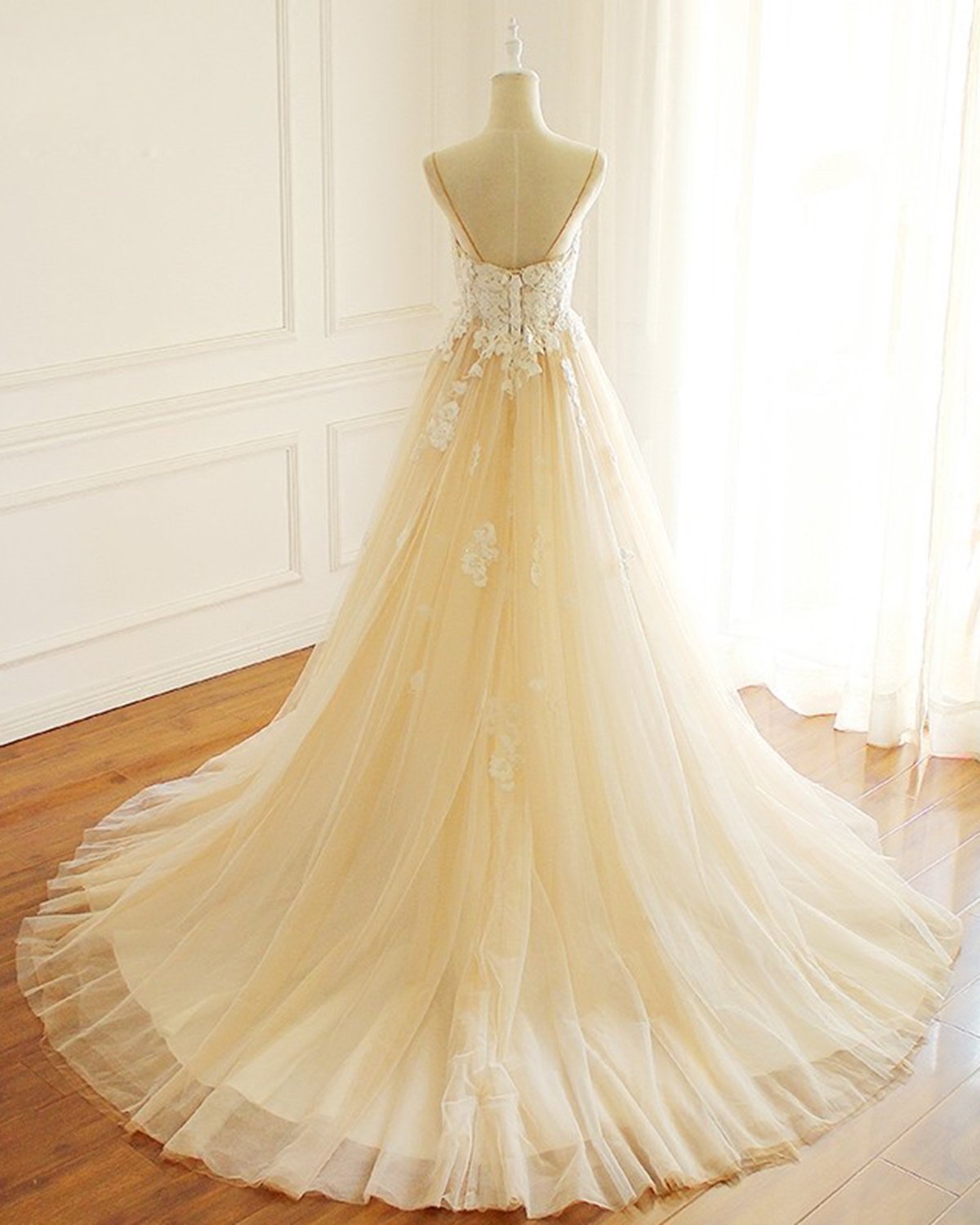 Champagne Long A-line Sweetheart Tulle Spaghetti Sweep Train Wedding D BIZTUNNEL Champagne Long A-line Sweetheart Tulle Spaghetti Sweep Train Wedding D BIZTUNNEL