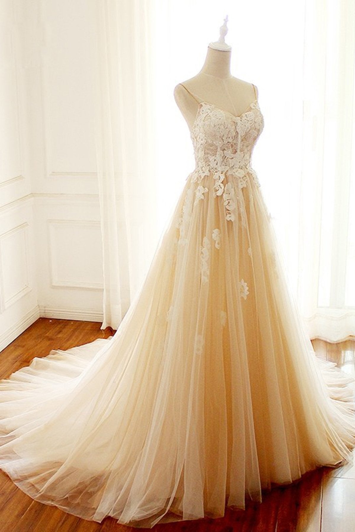 navy blue dress for baby girl Champagne Long A-line Sweetheart Tulle Spaghetti Sweep Train Wedding D –  BIZTUNNEL