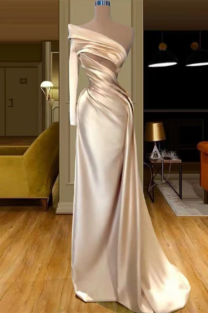Champagne One Shoulder Long Sleeves Mermaid Satin Evening Dresses Champagne One Shoulder Long Sleeves Mermaid Satin Evening Dresses