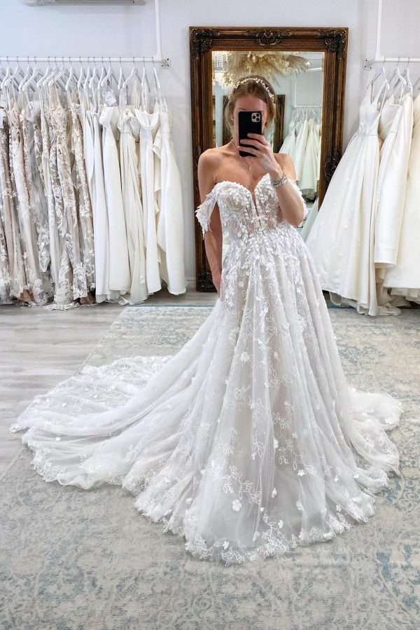 Charming Long A-line Off-The-Shoulder Sleeveless Lace Wedding Dress with Court Train Charming Long A-line Off-The-Shoulder Sleeveless Lace Wedding Dress with Court Train