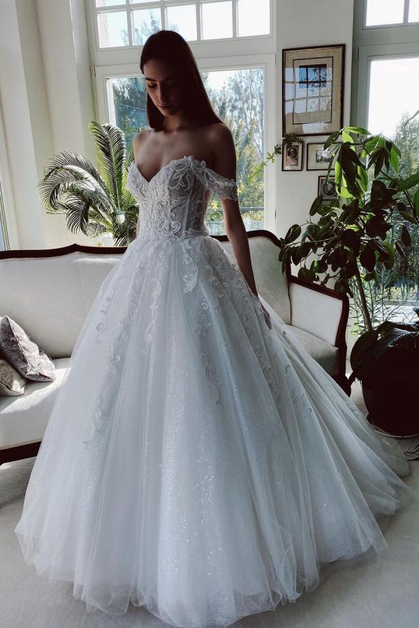 Charming Long A-line Off-the-shoulder Tulle Wedding Dress with Glitter Charming Long A-line Off-the-shoulder Tulle Wedding Dress with Glitter