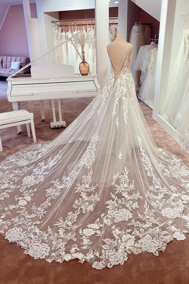Charming Long A-Line Spaghetti Straps Appliques Lace Tulle Backless Wedding Dress Charming Long A-Line Spaghetti Straps Appliques Lace Tulle Backless Wedding Dress