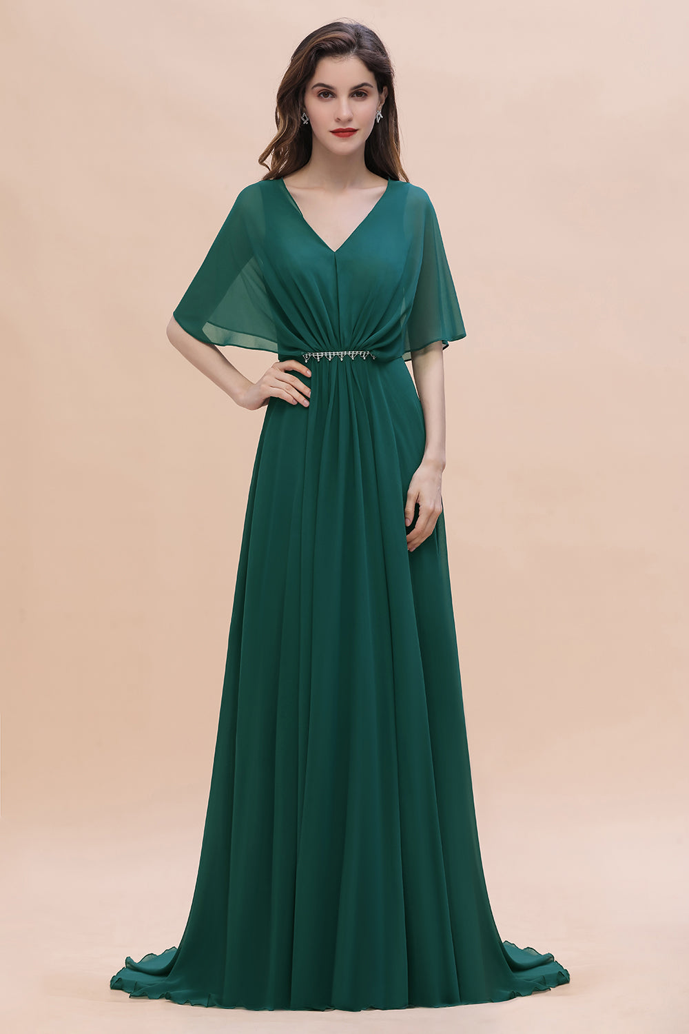 charlotte york bridesmaid dress A-line Illusion Lace Neck Chiffon Long Bridesmaid Dress Hunter Green / US 2