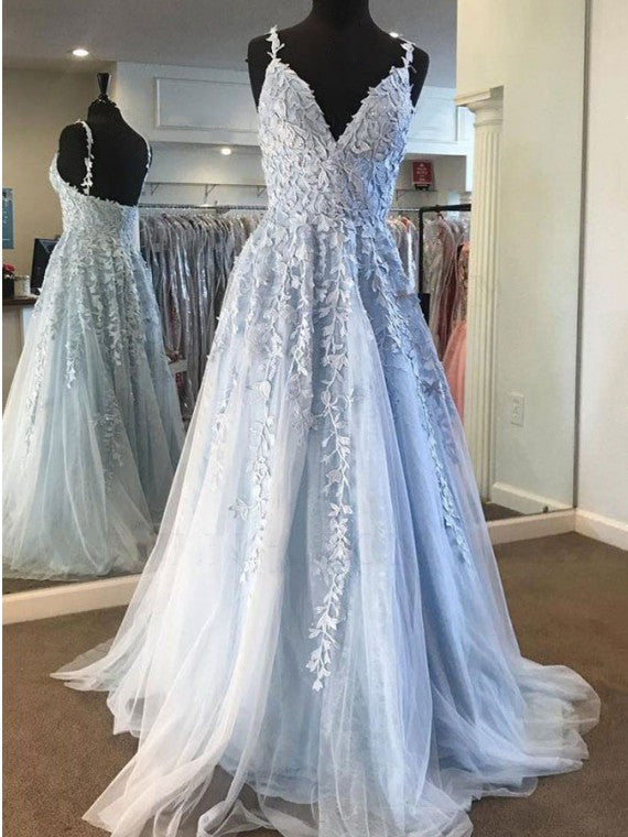 Charming Long A-Line V-Neck Spaghetti Straps Tulle Open Back Prom Dress