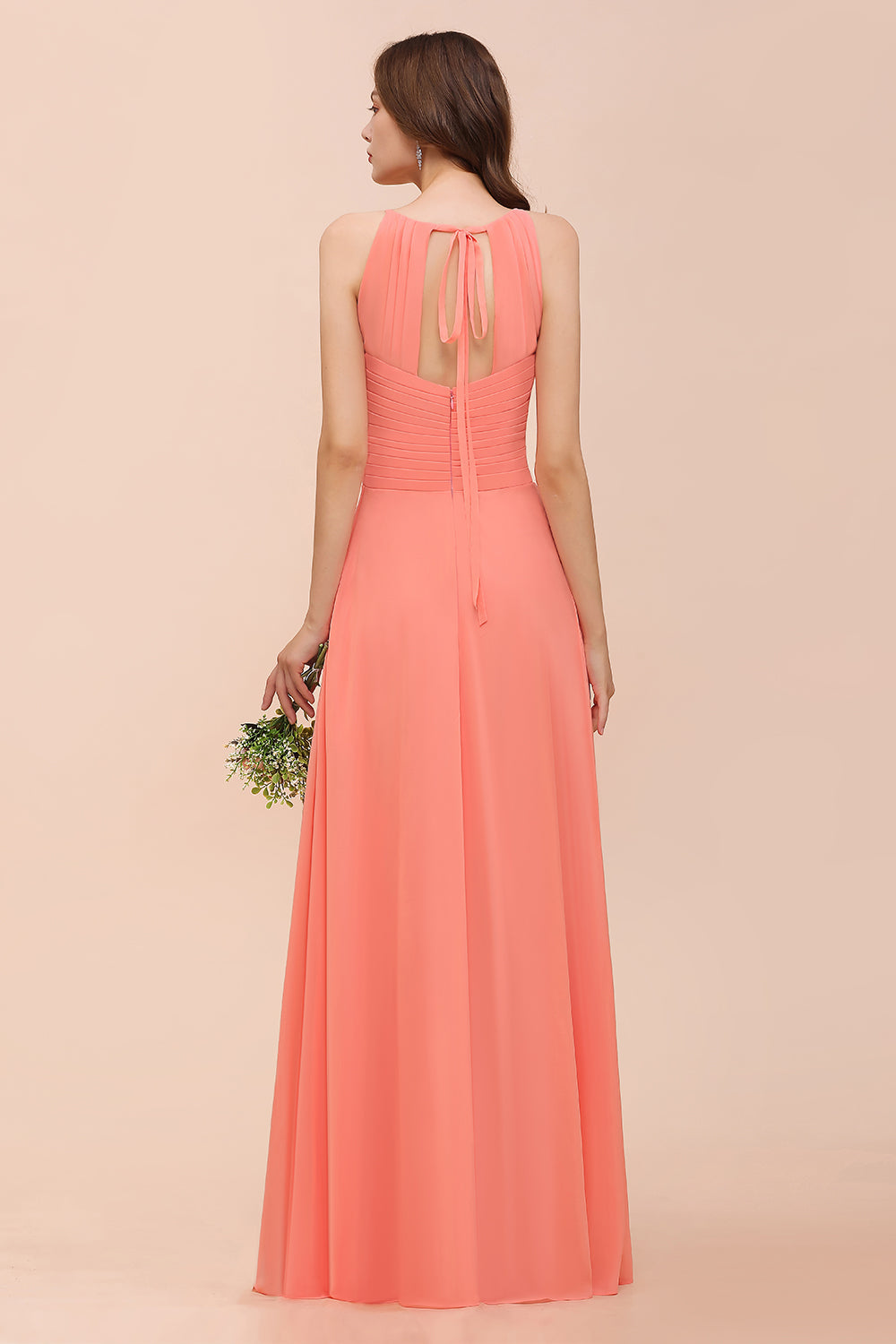 knee length dresses for ladies Charming Long Chiffon A-Line Halter Coral Bridesmaid Dresses