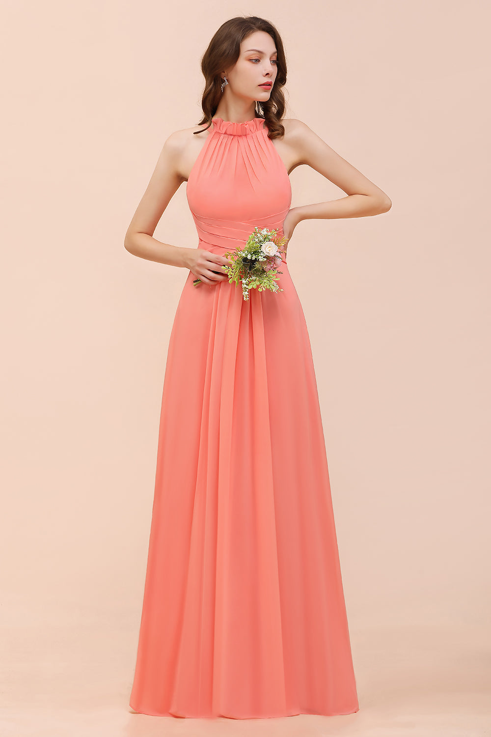 coral colored bridesmaid dresses with sleeves Charming Long Chiffon A-Line Halter Coral Bridesmaid Dresses