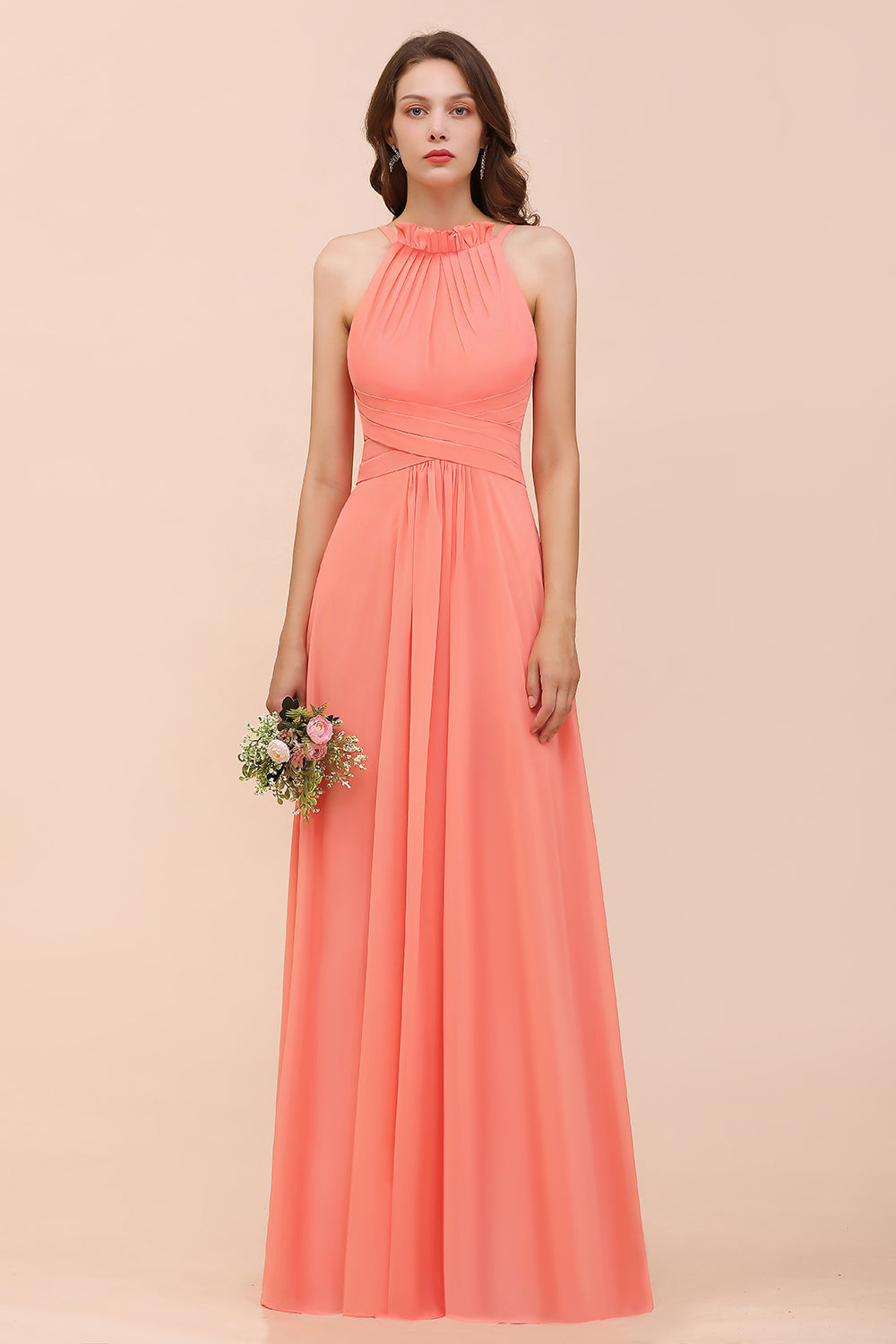 Charming Long Chiffon A-Line Halter Coral Bridesmaid Dresses Charming Long Chiffon A-Line Halter Coral Bridesmaid Dresses