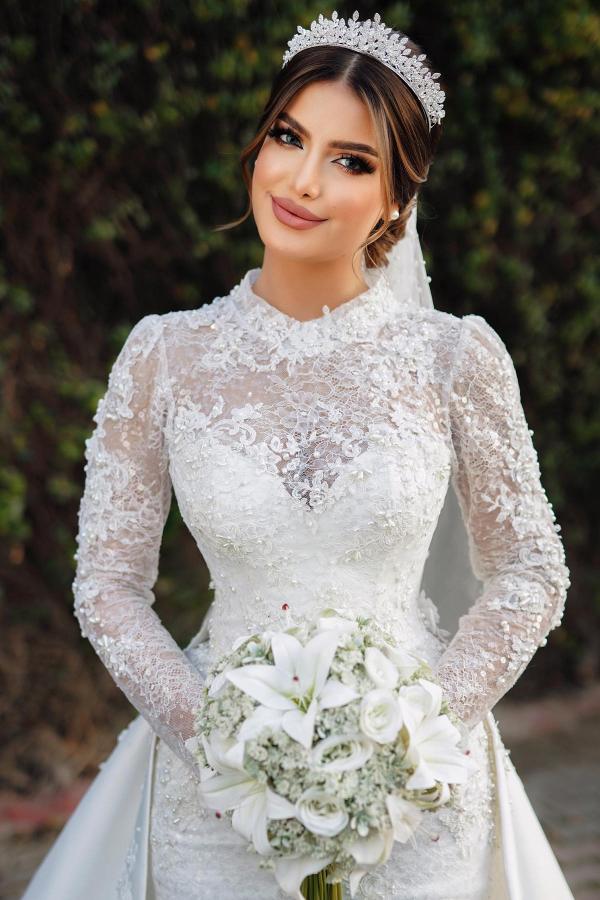 Charming Long Sleeves Mermaid High Neck Satin Lace Wedding Dress with Chapel Train Charming Long Sleeves Mermaid High Neck Satin Lace Wedding Dress with Chapel Train