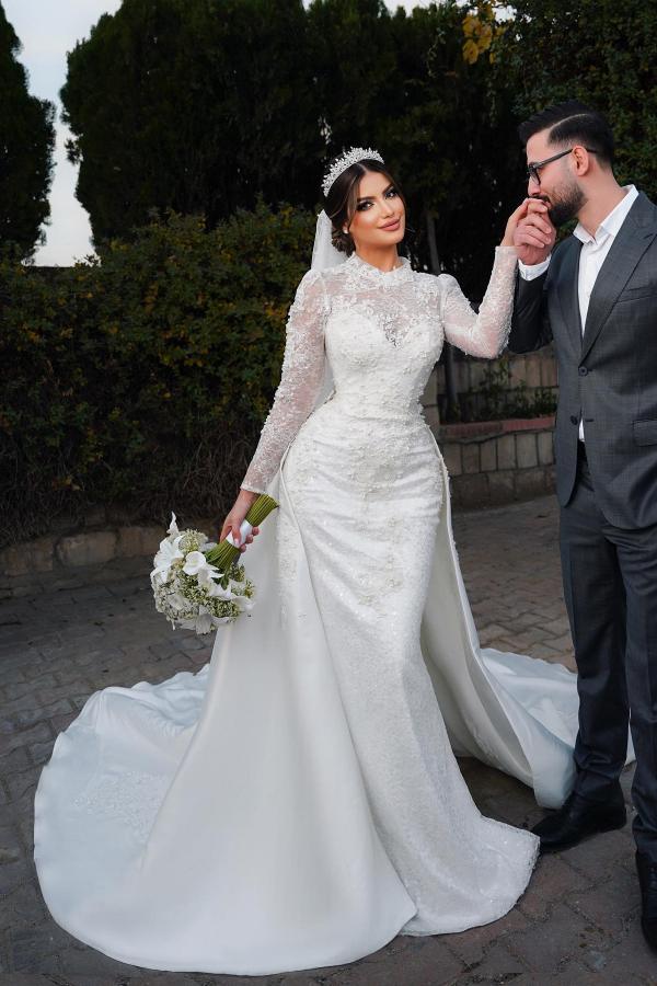 Charming Long Sleeves Mermaid High Neck Satin Lace Wedding Dress with Chapel Train Charming Long Sleeves Mermaid High Neck Satin Lace Wedding Dress with Chapel Train