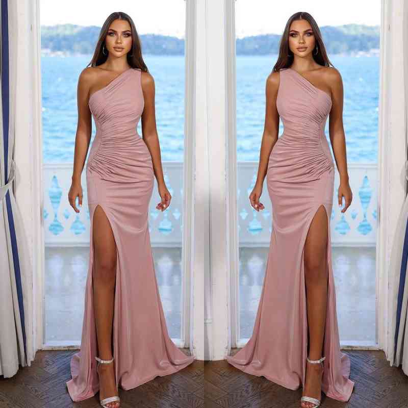 Elegant Pink Long Simple Mermaid One Shoulder Sleeveless Satin Prom Dresses