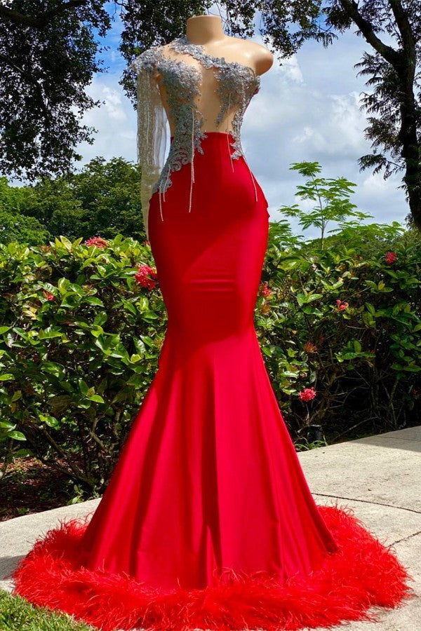 Charming Red Long Mermaid Tassel One Shoulder Satin Backless Prom Dress Charming Red Long Mermaid Tassel One Shoulder Satin Backless Prom Dress