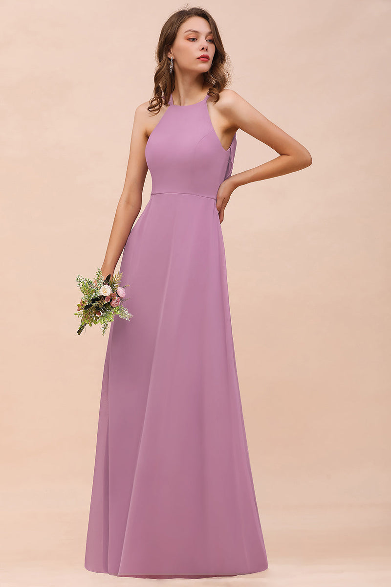 Chic A-Line Halter Chiffon Open Back Long Bridesmaid Dresses – BIZTUNNEL