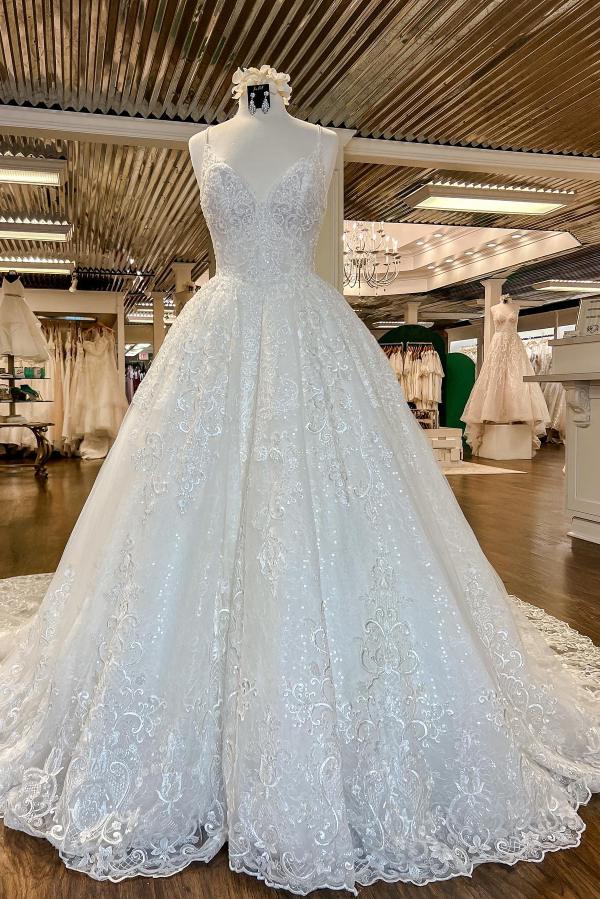 Chic Long A-line V-neck Floral Lace Open Back Wedding Dresses BIZTUNNEL Chic Long A-line V-neck Floral Lace Open Back Wedding Dresses BIZTUNNEL