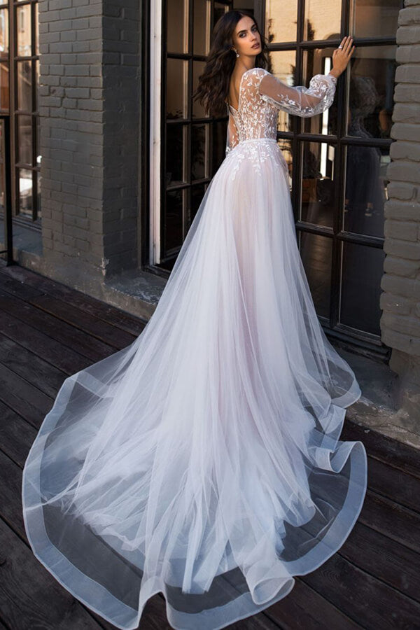 Chic Long A-line V-neck Tulle Lace Chapel Train Wedding Dress with Sleeves Chic Long A-line V-neck Tulle Lace Chapel Train Wedding Dress with Sleeves