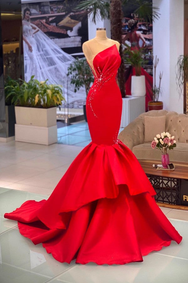 open lace back dress Chic Long Mermaid Bateau Satin Red Prom Dress