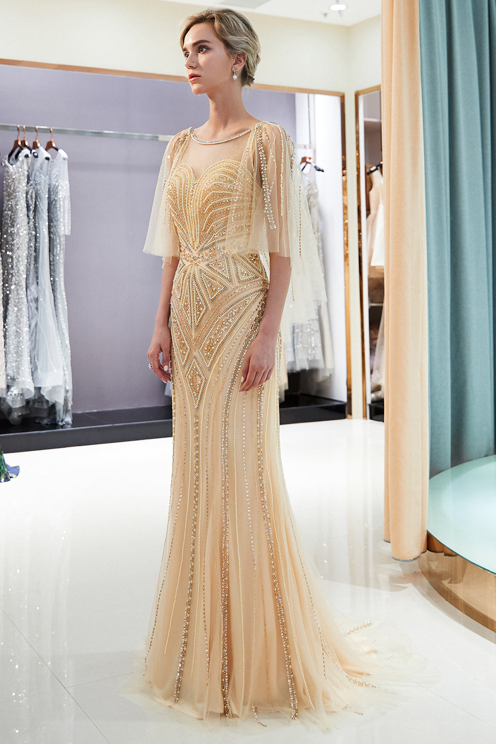 Pretty Mermaid High Neckline Short Sleeves Tulle Evening Dress Prom Dresses With Feather C3439 main image 1