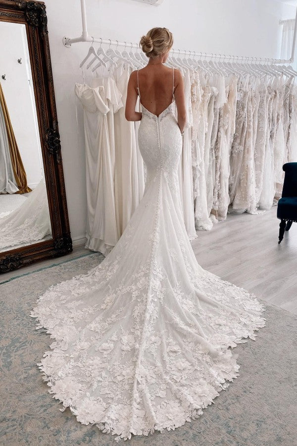 chinese dress ladies Gorgeous Satin Mermaid V Neck Lace Wedding Dresses, PW478