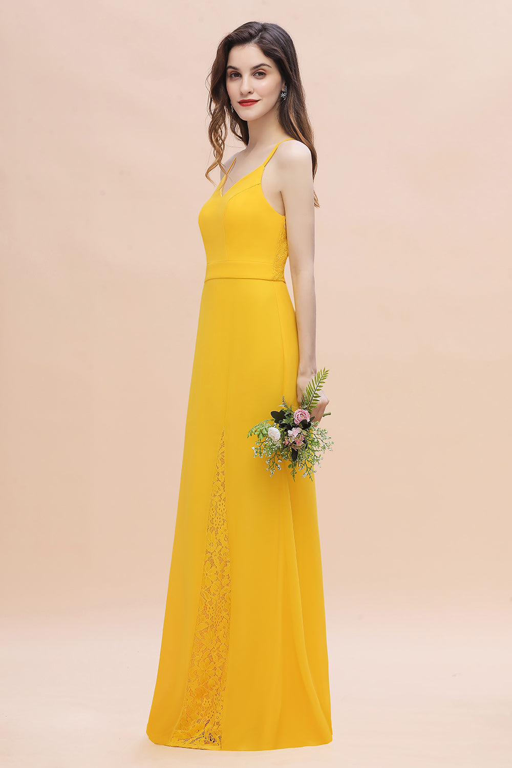 Chic Long V-neck Chiffon Backless Yellow Bridesmaid Dress Chic Long V-neck Chiffon Backless Yellow Bridesmaid Dress