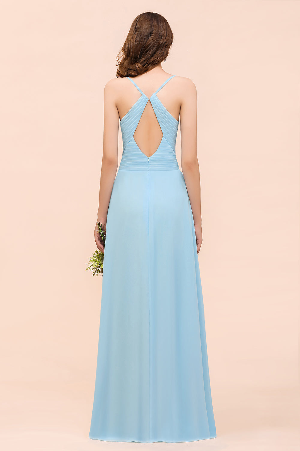Chic Sky Blue Sweetheart Spaghetti Straps Chiffon Long Bridesmaid Dress with Ruffle