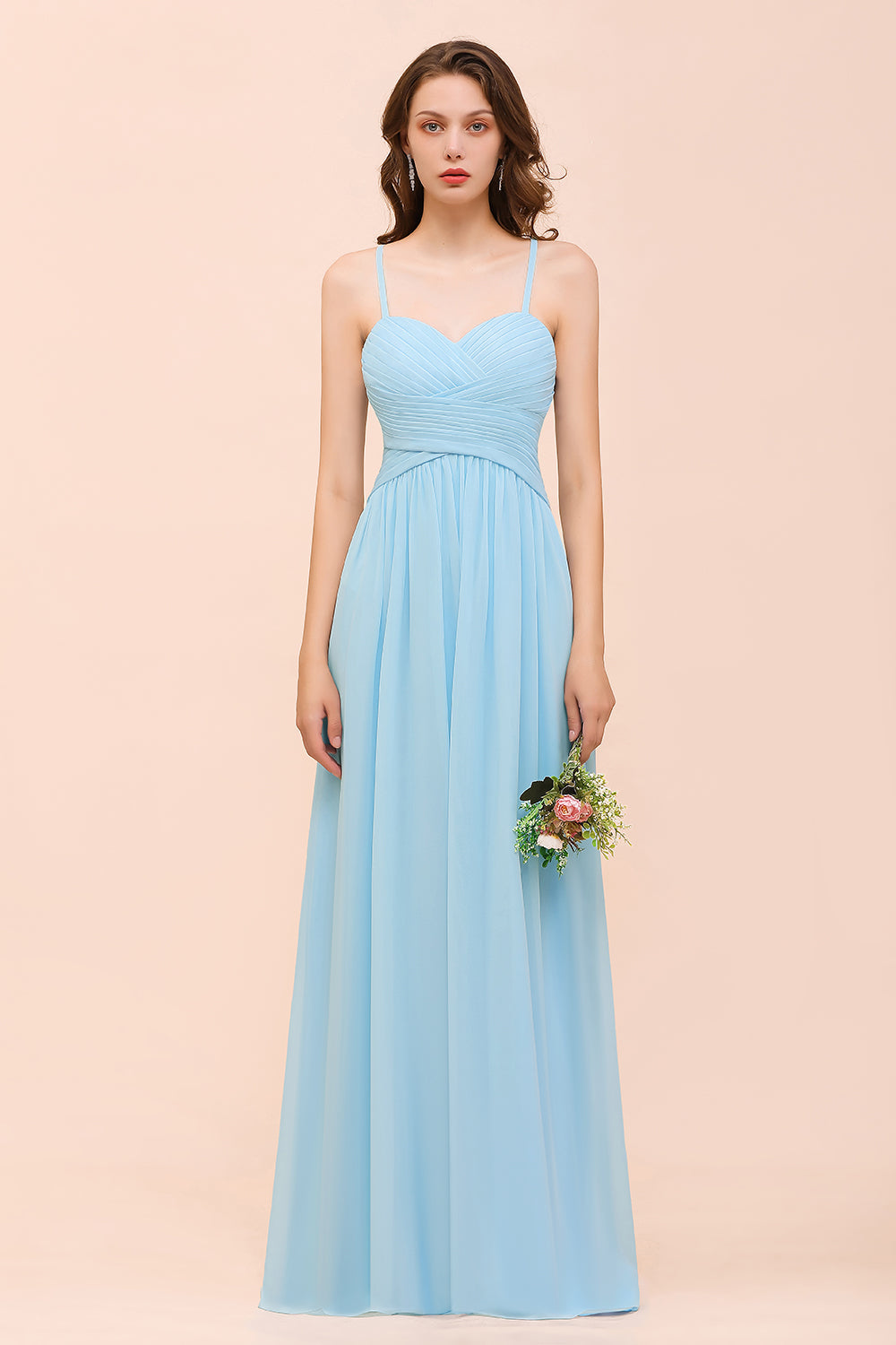 Chic Sky Blue Sweetheart Spaghetti Straps Chiffon Long Bridesmaid Dres   BIZTUNNEL