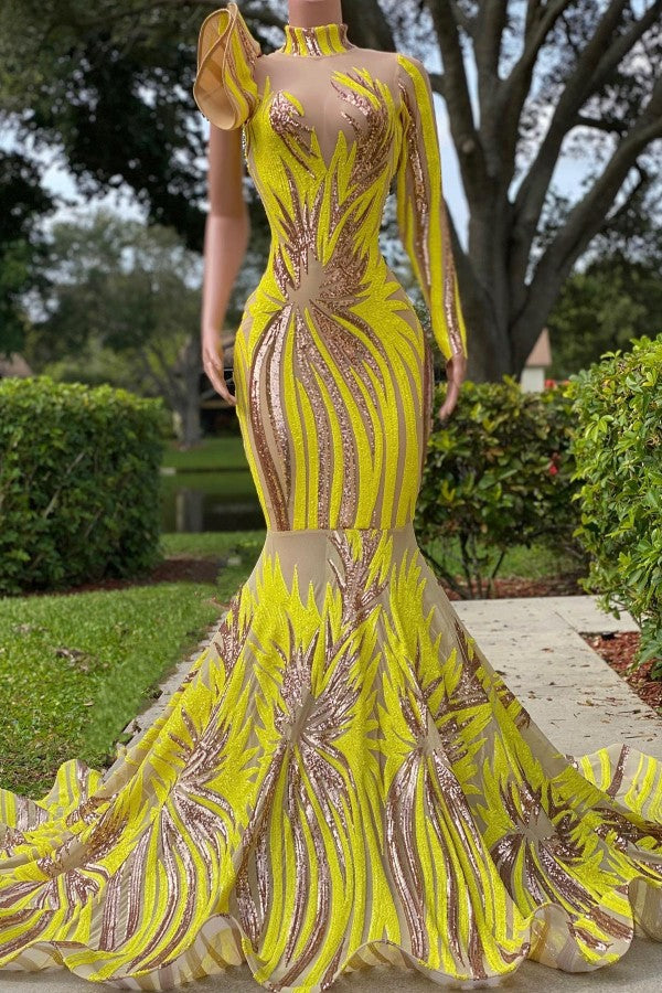Chic Yellow Long Mermaid High Neck Tulle Lace Prom Dress with Sleeves Chic Yellow Long Mermaid High Neck Tulle Lace Prom Dress with Sleeves