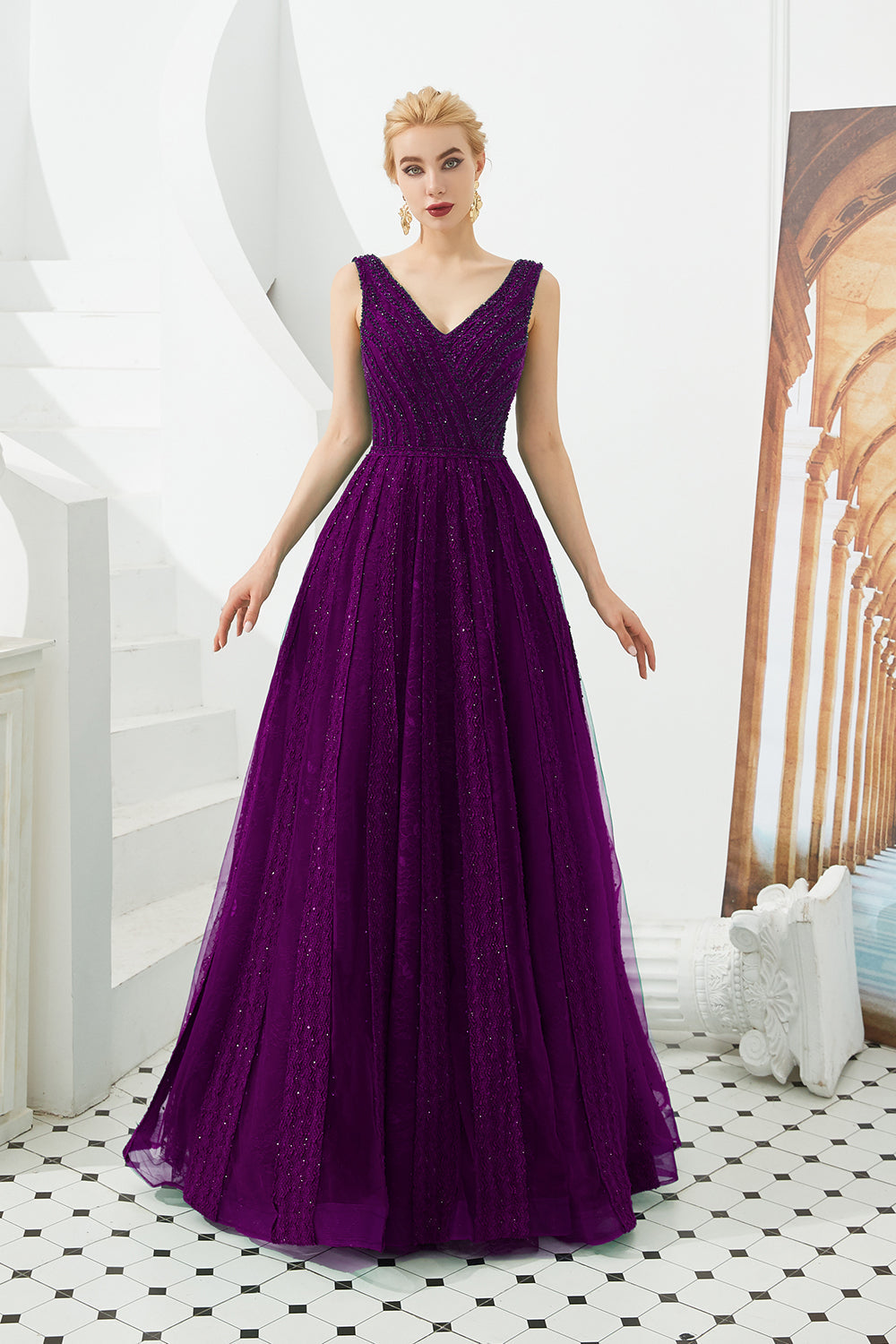 Classic Long A-Line V-Neck Tulle Prom Dress