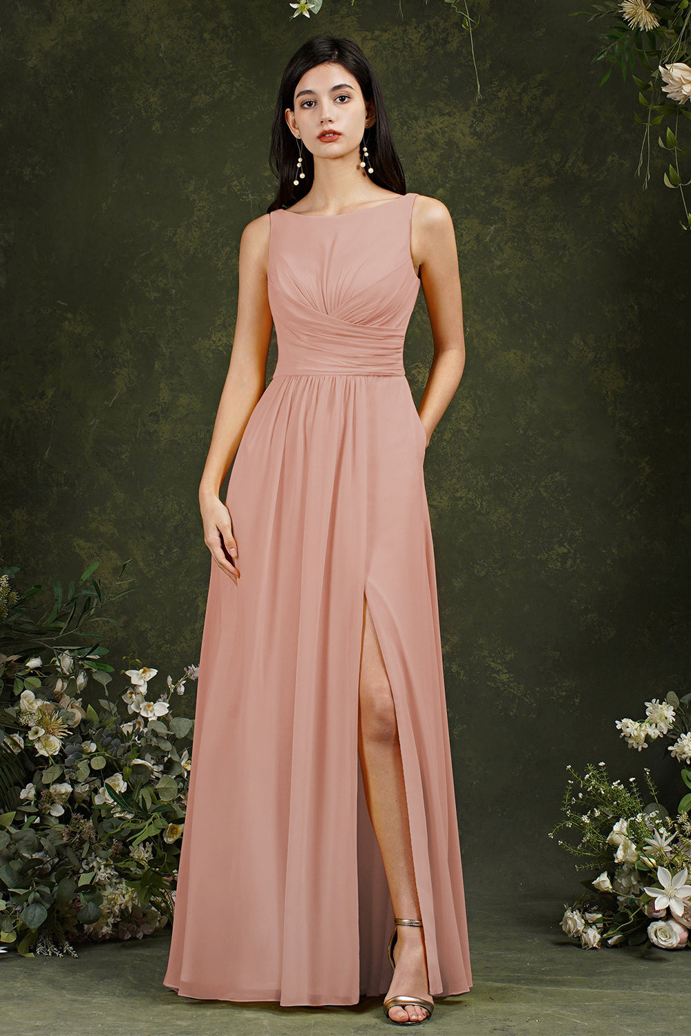 Classy A-Line Chiffon Bateau Backless Front Slit Long Bridesmaid Dress with Pockets