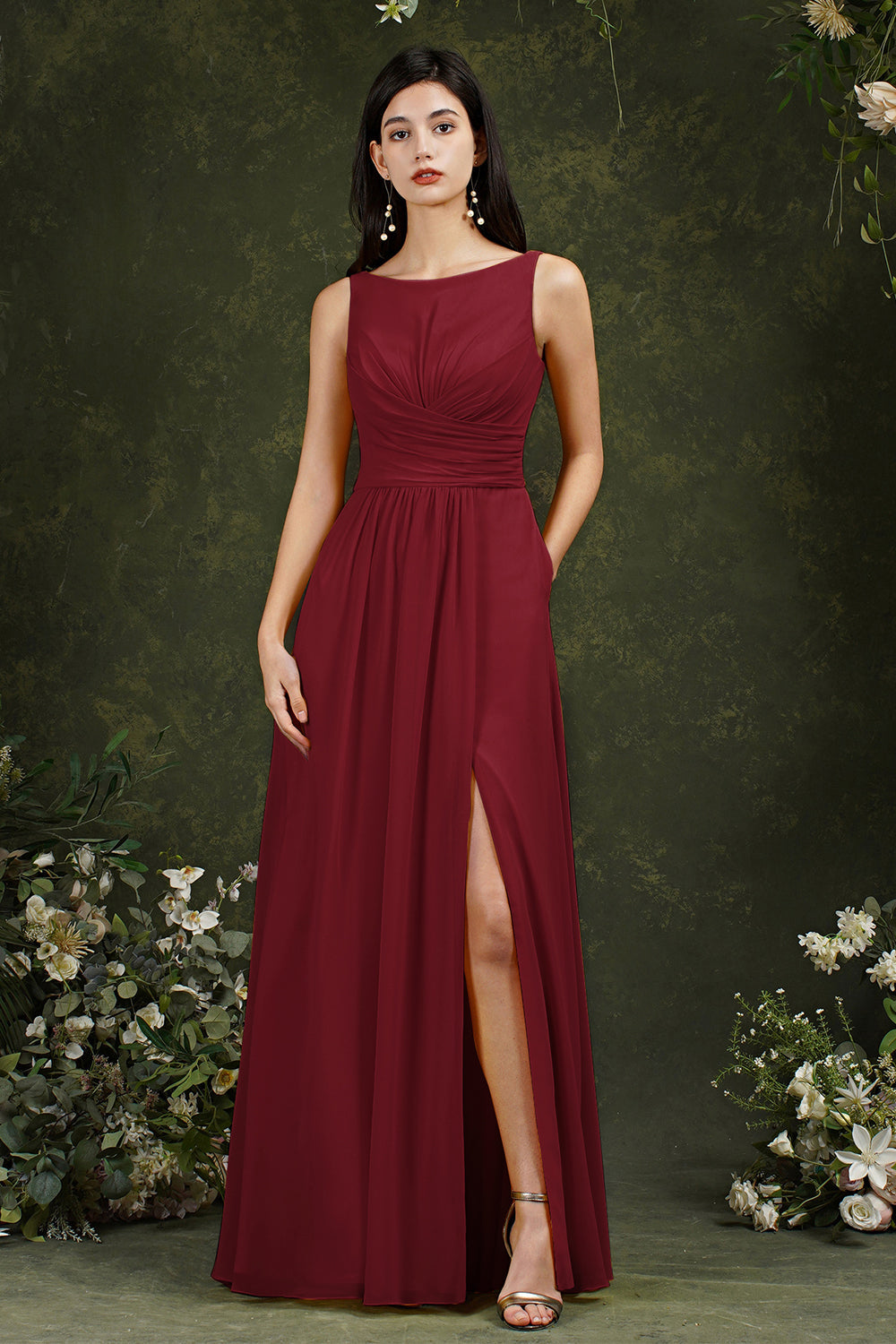 Classy A-Line Chiffon Bateau Backless Front Slit Long Bridesmaid Dress –  BIZTUNNEL