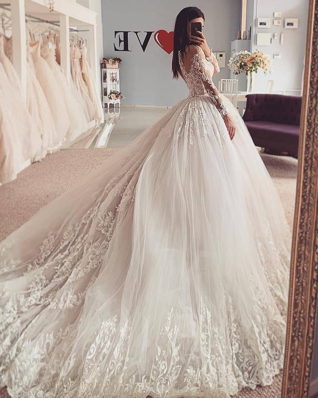 blue dress for baby girl Classy Long A-Line Bateau Appliques Lace Tulle Wedding Dress with Sleeves