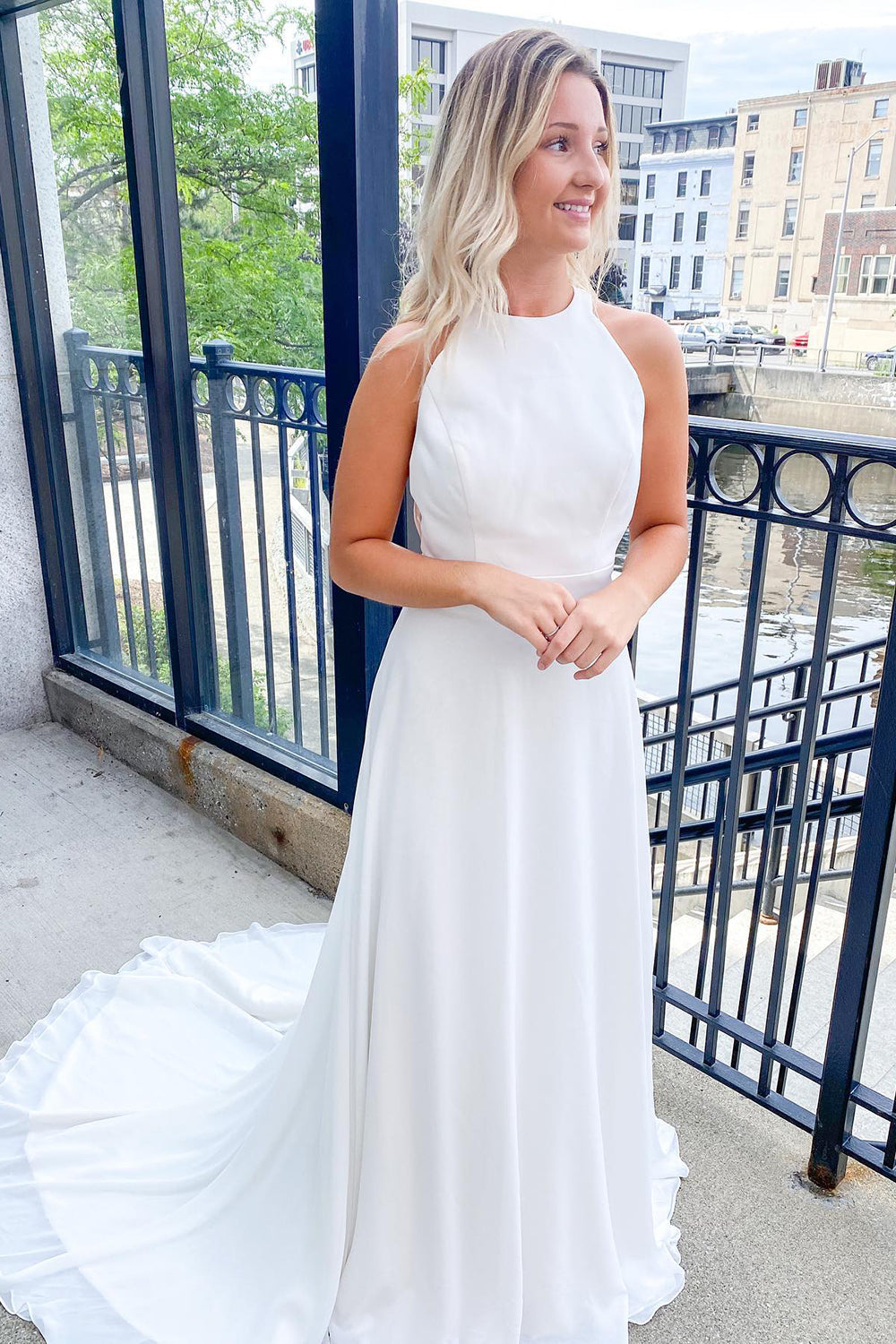 Classy Long A-line Halter Open Back Satin Wedding Dress Classy Long A-line Halter Open Back Satin Wedding Dress