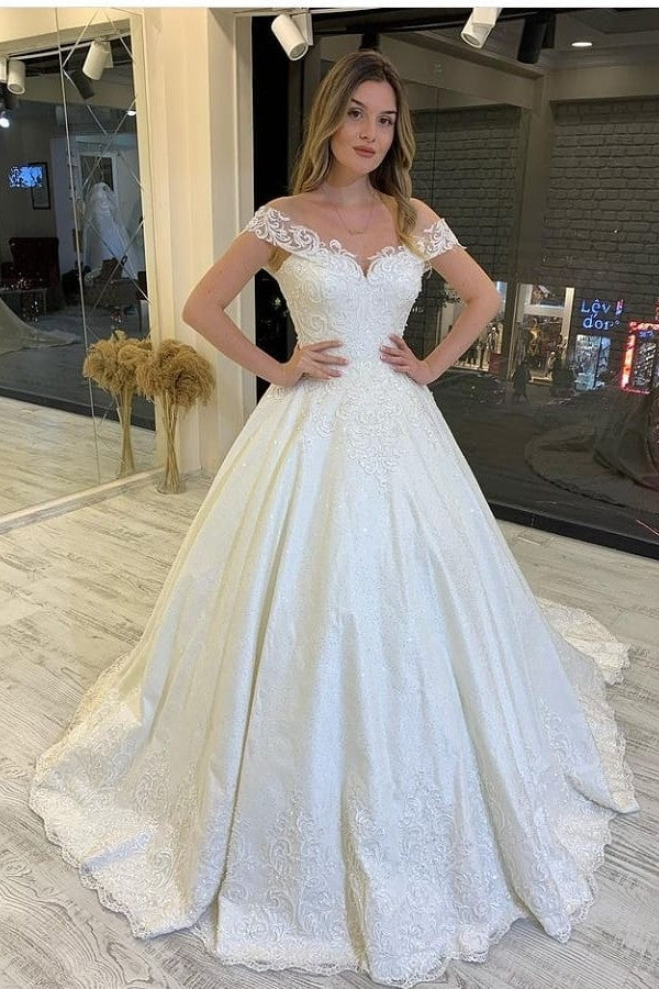 Classy Long A-Line Off-the-Shoulder Appliques Lace Backless Wedding Dr BIZTUNNEL Classy Long A-Line Off-the-Shoulder Appliques Lace Backless Wedding Dr BIZTUNNEL