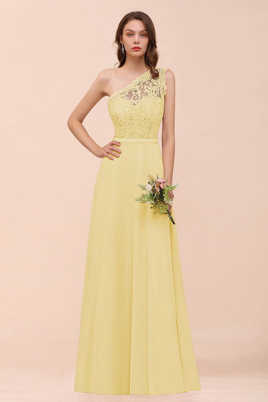 Classy Long A-Line One Shoulder Chiffon Bridesmaid Dress with Appliques Lace-BIZTUNNEL