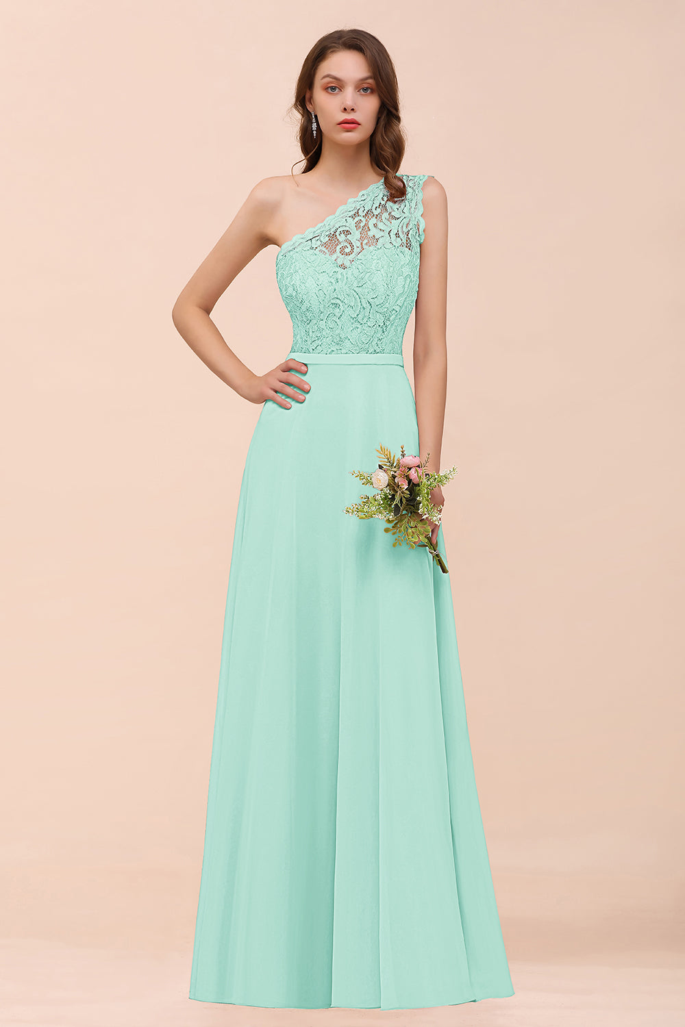 Classy Long A-Line One Shoulder Chiffon Bridesmaid Dress with Appliques Lace-BIZTUNNEL