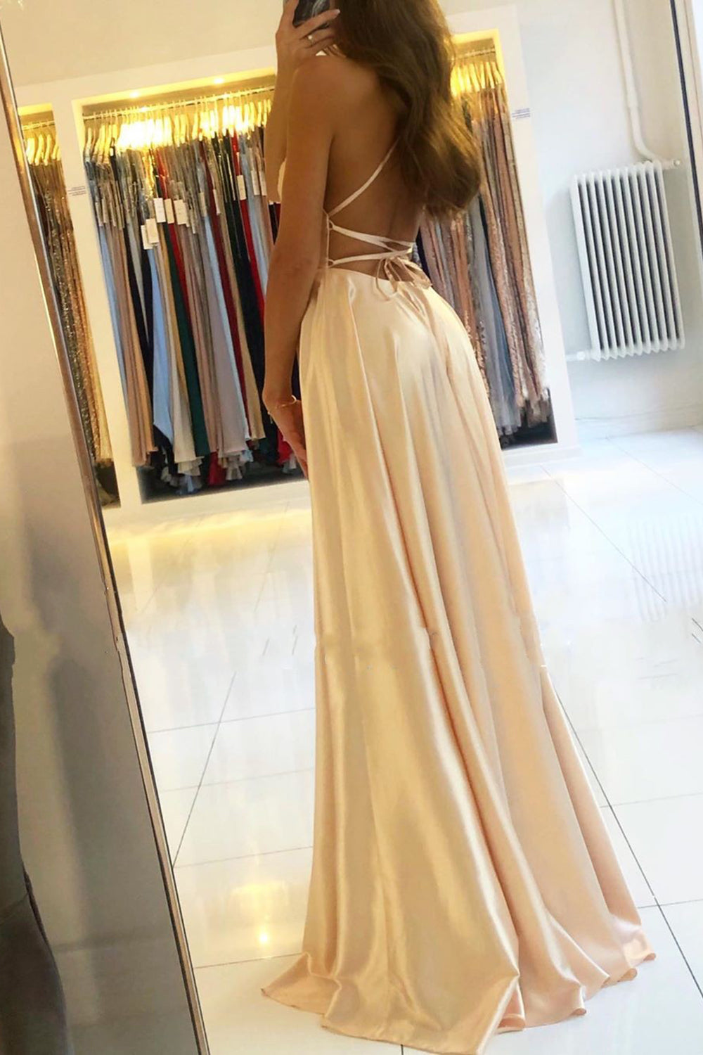Classy Long A-Line Satin Open Back Prom Dress with Slit