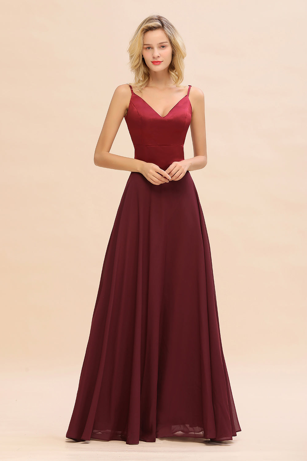 Classy Long A-line Spaghetti Straps V-neck Burgundy Bridesmaid Dress